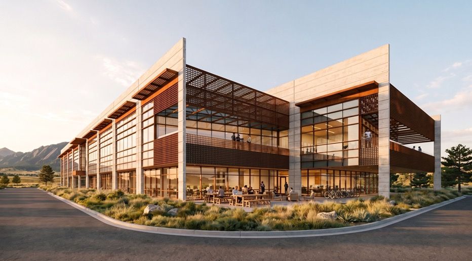 Concept rendering of a GLO Park building with the foothills in the background