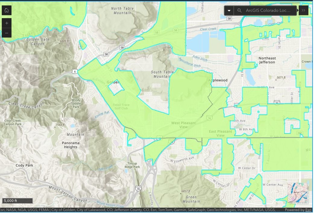 State enterprise zone map of the Golden and Lakewood area with zone areas shaded in green