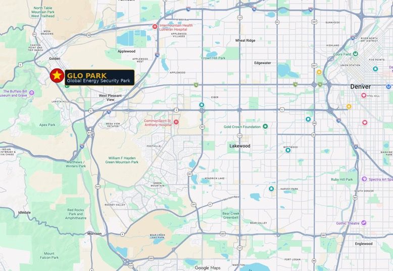 Map of the west Denver metro area showing GLO Park in Golden, east of the foothills and west of Lakewood and Denver