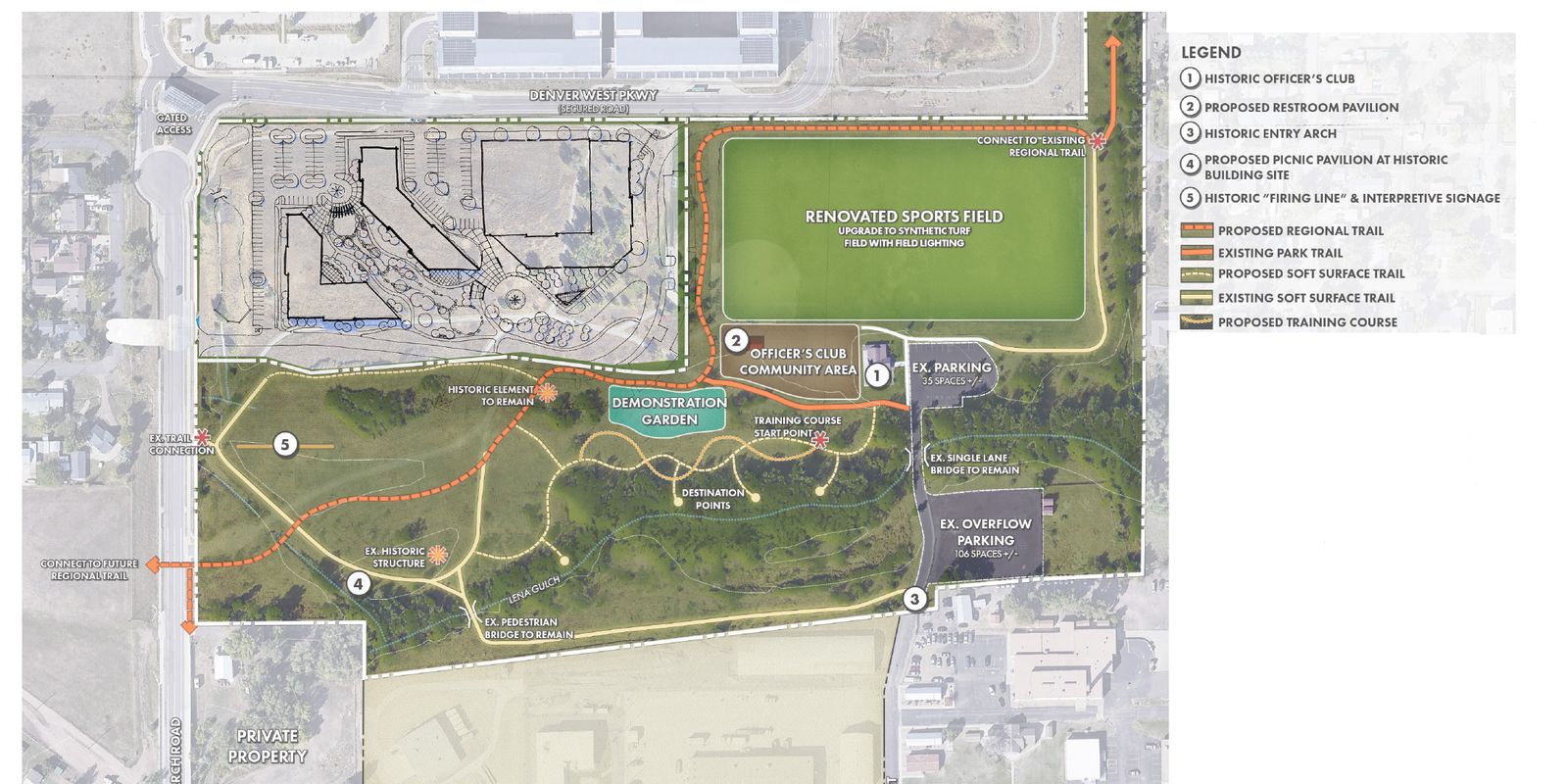 Connectivity plan showing GLO Park with adjacent renovated sports field, historic officer's club community area, demonstration garden and regional trail connections