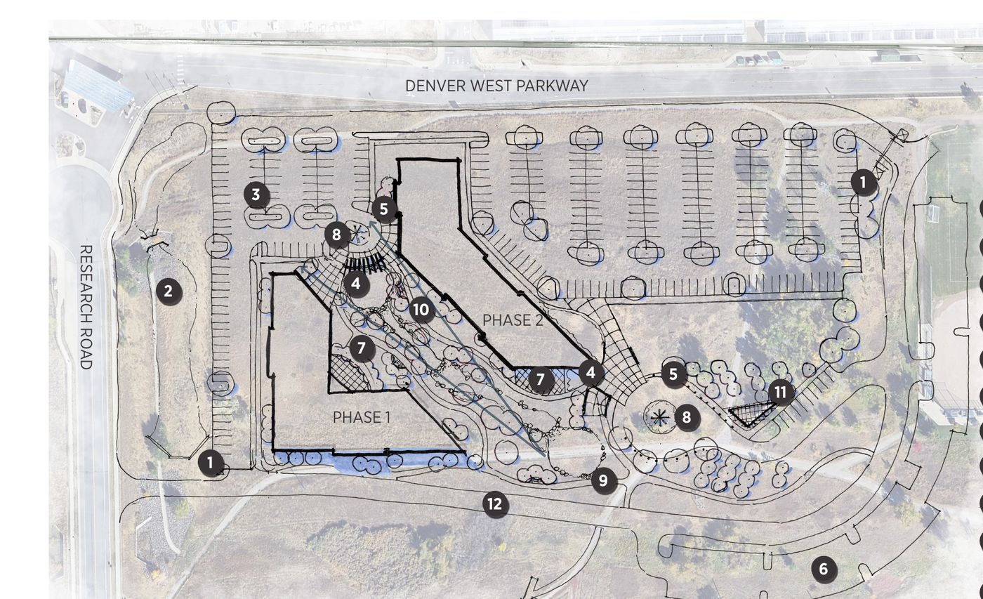 Concept site plan showing Phase 1 and a second three-story building to the east, linked by a landscaped plaza
