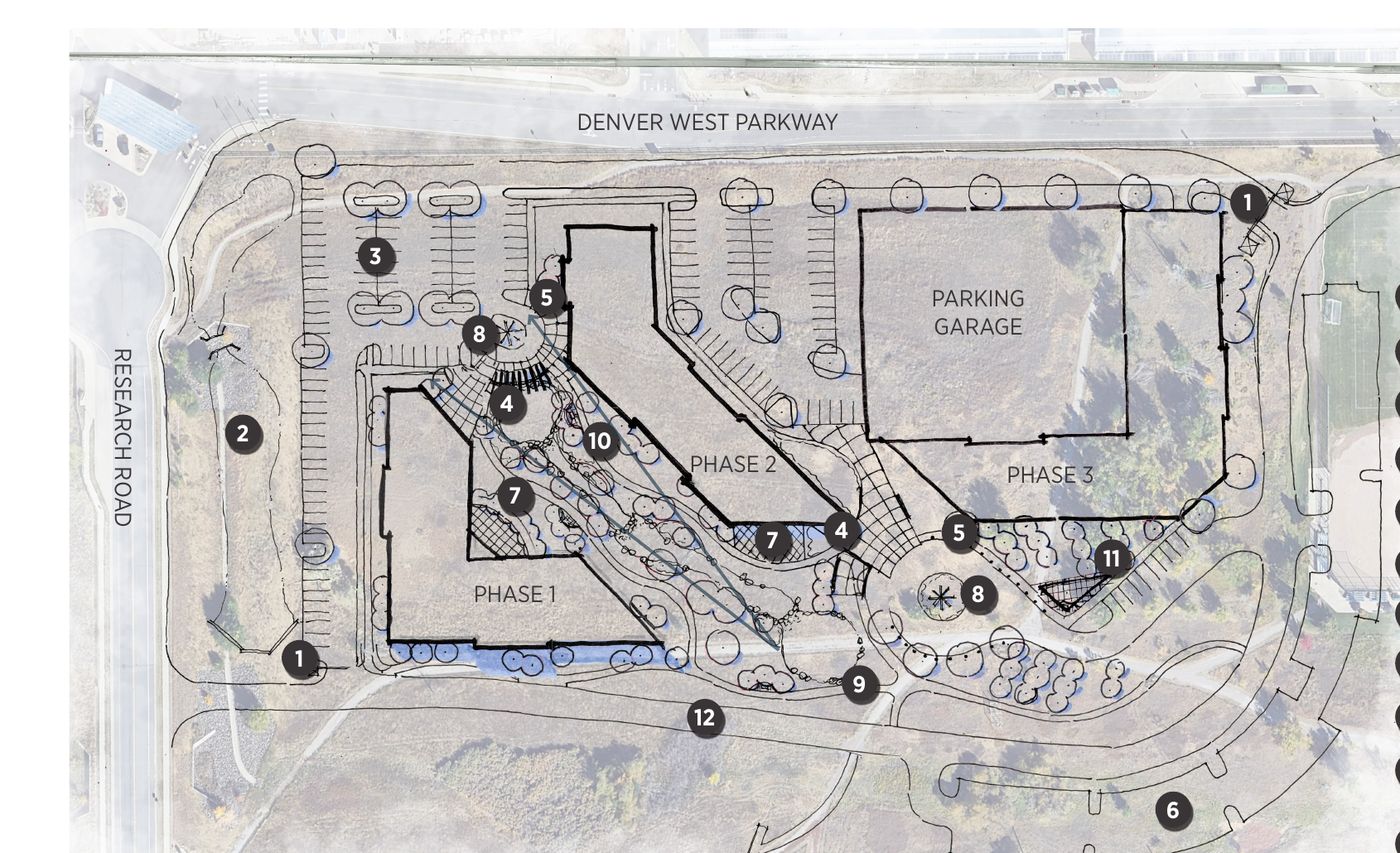 Concept site plan showing three buildings and a parking garage at full build-out